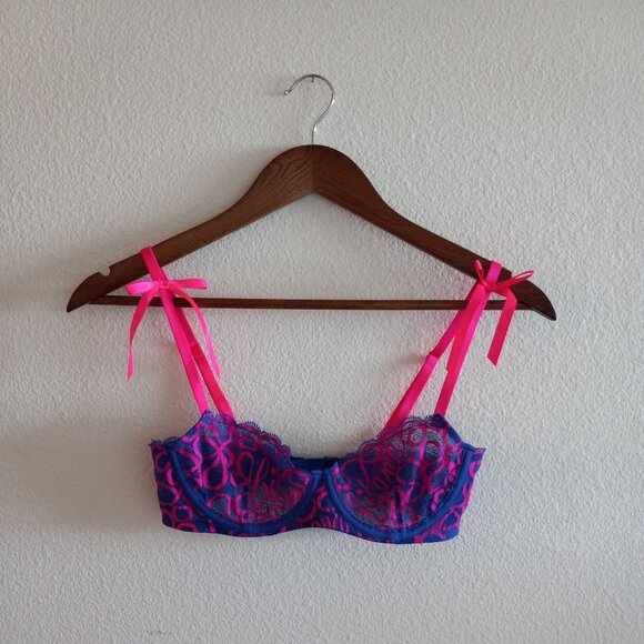Savage X Fenty Ribbon Writing Unlined Lace Balconette Bra Size 34A - Picture 1 of 3